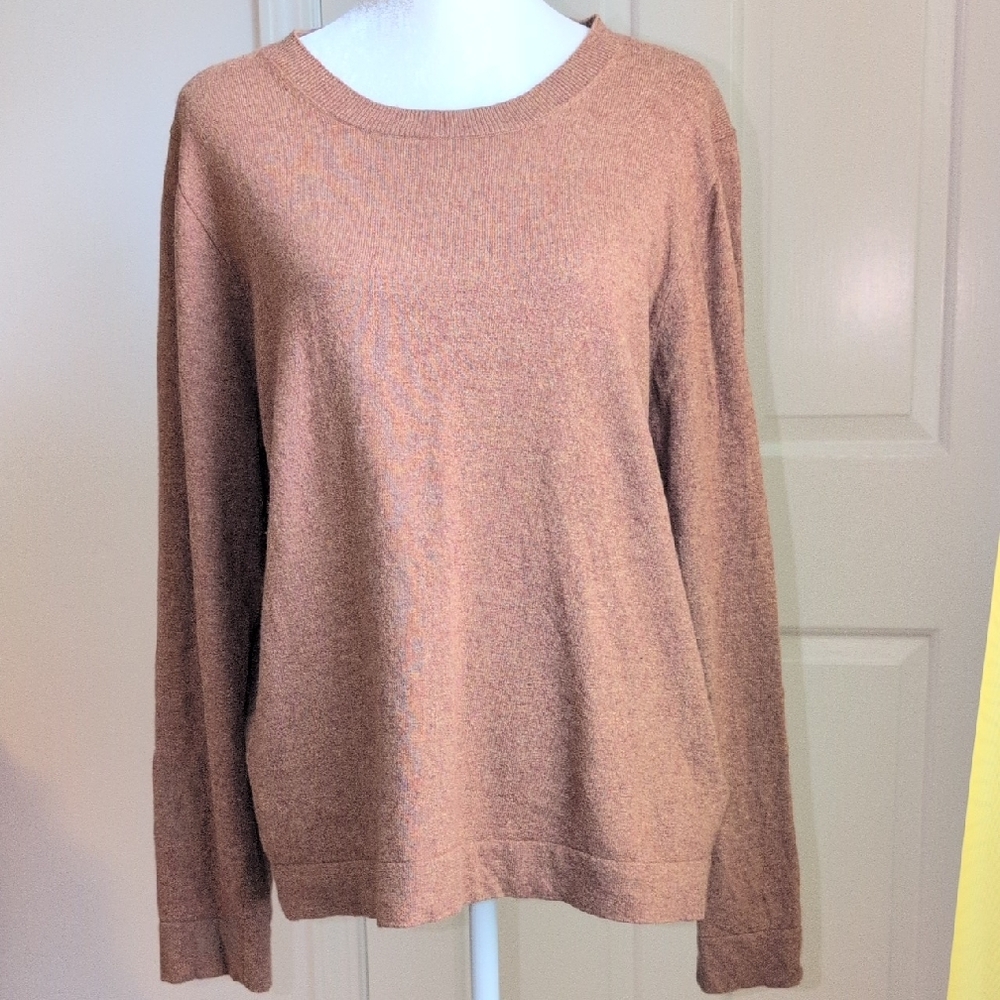 Tan Crew Neck Sweater with Ribbed Cuffs and Hem